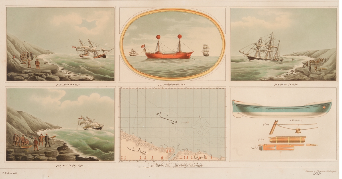Sex dellitografier ordnade 2 x 3: Skeppsbrott vid klippig kust och användning av raketapparat, fyrskepp i oval bård, sjökort och livräddningsbåt med detaljer. Turkisk text (?) under varje bild.