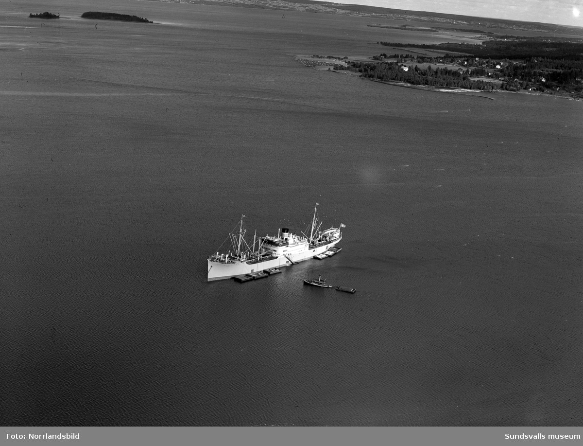 En stor grupp bilder från Skönviks sågverk. Översiktsbilder, interiör- och exteriörbilder från verksamheten, pråmar, lastning på fartyget Aquila, kontoret med mera,