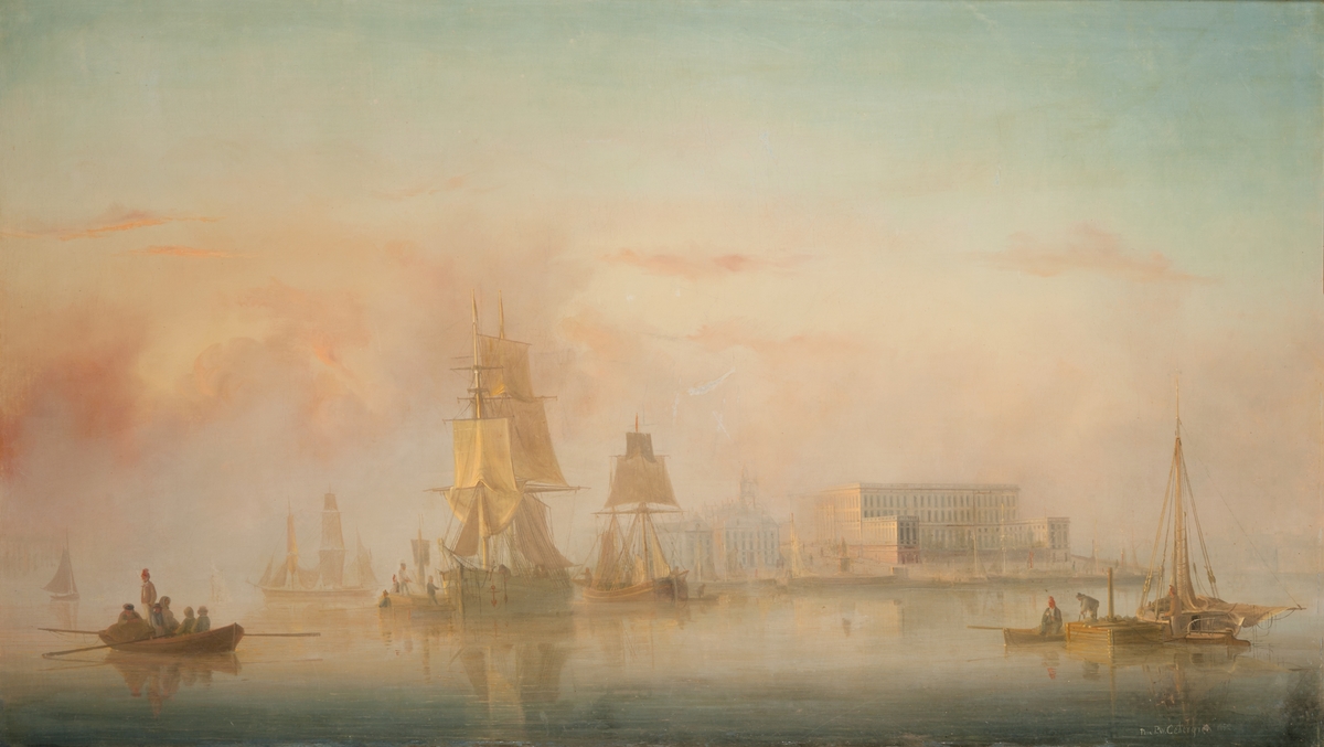 Stockholms ström och slottet 1852. Morgon med soldis. Segelfartyg för ankar. I bakgrunden kungliga slottet.