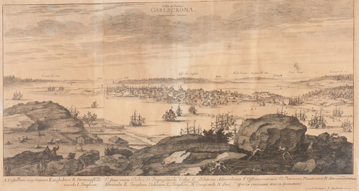 Karlskrona stad och fästning norrifrån (Urbs et Portus Carlscrona Septentrionem versus). Vy över Karlskrona 1709.