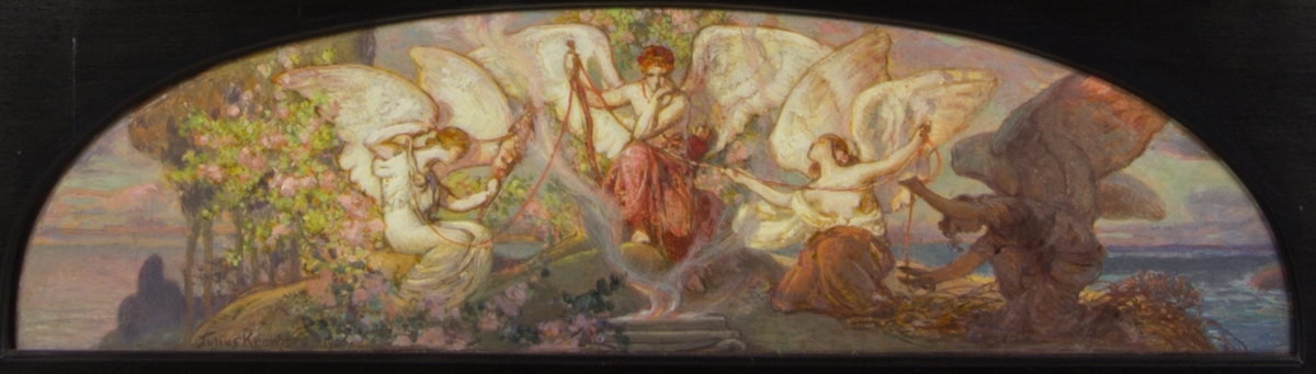 Eros i rosa klädnad placerad i centrum med huvudet stött i handen. Framför honom ett altare med en brinnande eld; på båda sidorna sitter ödesgudinnorna. Den högra håller ett linfäste från vilket livets tråd löper mellan ödesgudinnorna och Eros. Längst till höger en mörkklädd bevingad gestalt som klipper av tråden med en ullsax.