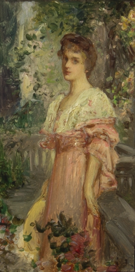 Porträttskiss föreställande en kvinna, fru Nanny Sörensen, knästycke. Klädd i rosa klänning med bred spetskrage. Bakgrund balustrad och grönska. Skissartat utförande.