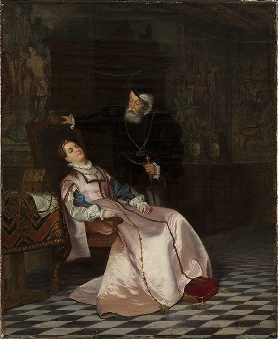 Gustav Vasa finner sin gemål Katarina Stenbock sovande och hör henne säga: "Kung Gösta håller jag mycket kär, men Rosen glömmer jag aldrig"