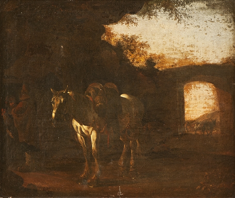 Landskap med ruiner och sadlad vit häst