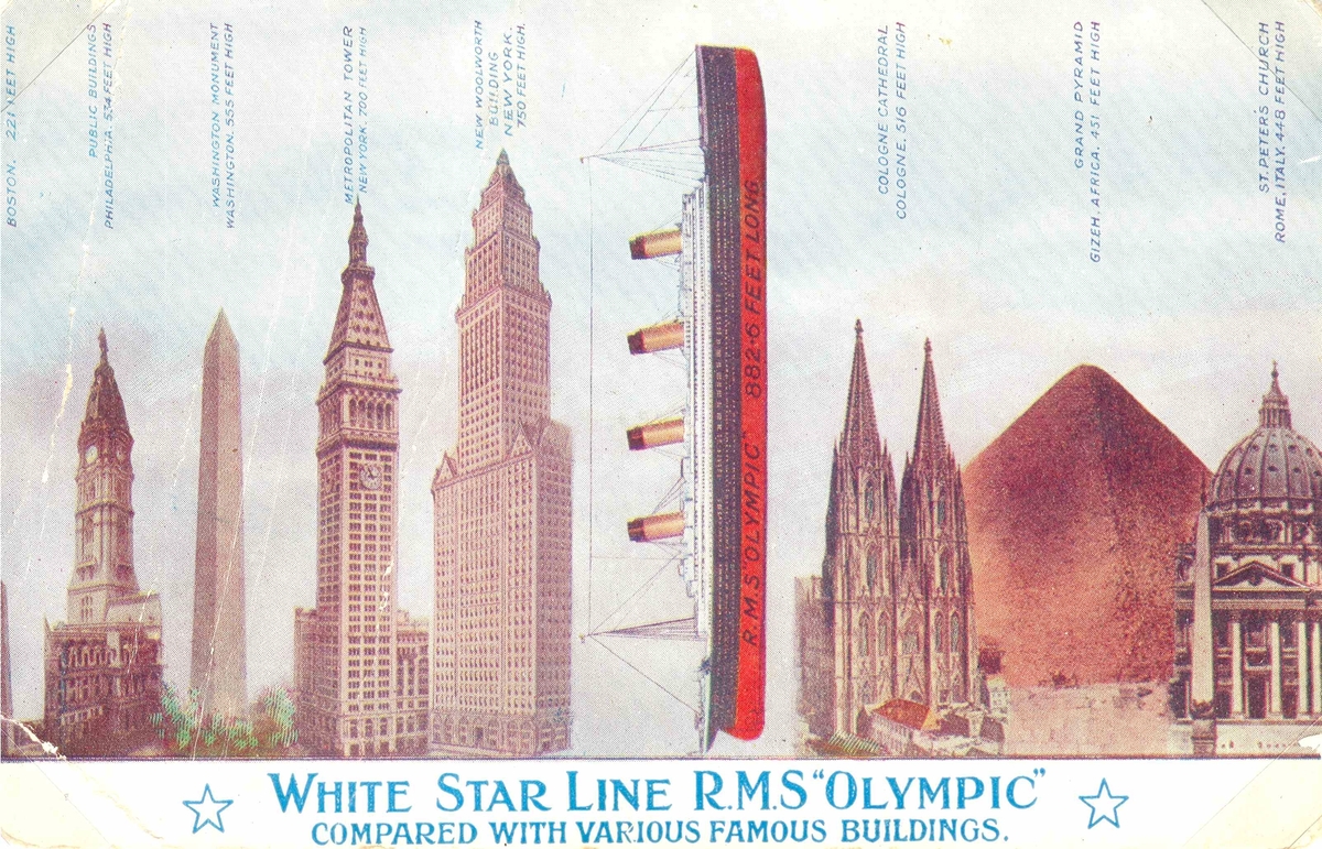 Längden på fartyget RMS Olympic jämfört med bl.a. Cheopspyramiden och St Peterskyrkan.