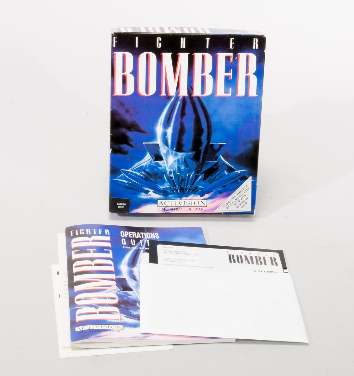Datorspel för Commodore 64, floppydisk och manual i förpackning av papp.