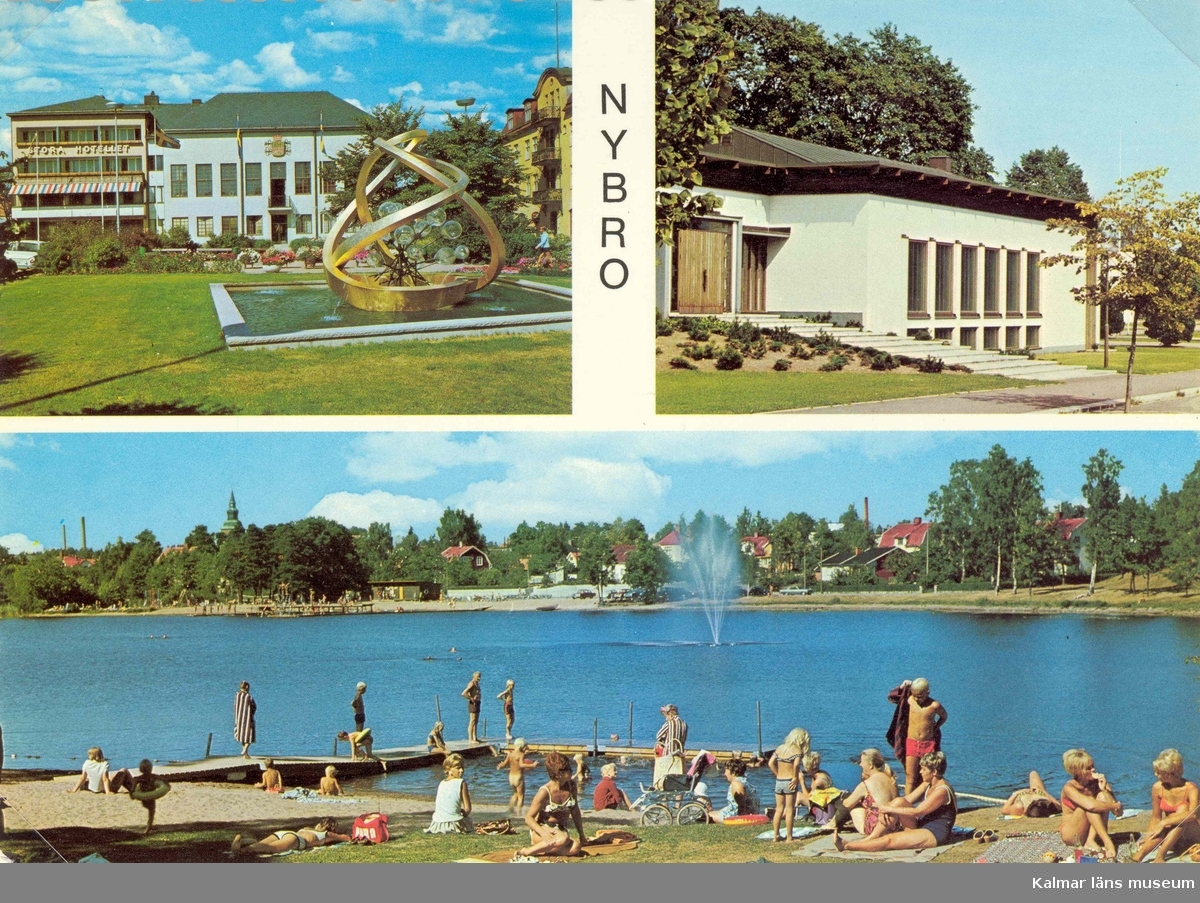 Vykort med motiv från Nybro. Överst till höger Stora hotellet, till vänster församlingshemmet, och bilden nedan visar badplatsen vid Linnéasjön.