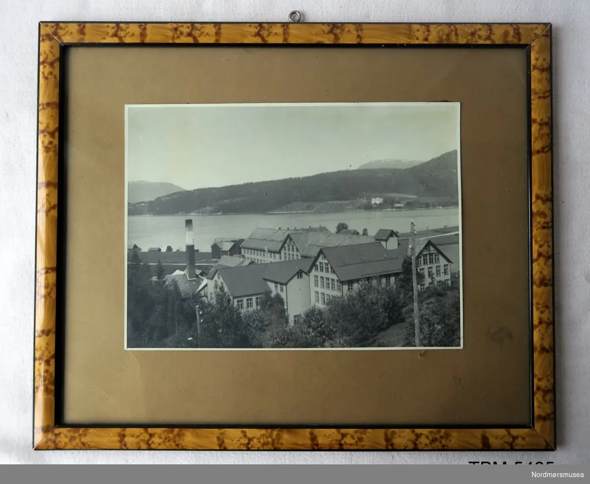 Fotografi i glass og ramme. Bildet viser bygningene på Tingvoll Ullvarefabrikk i mellomkrigstida.
