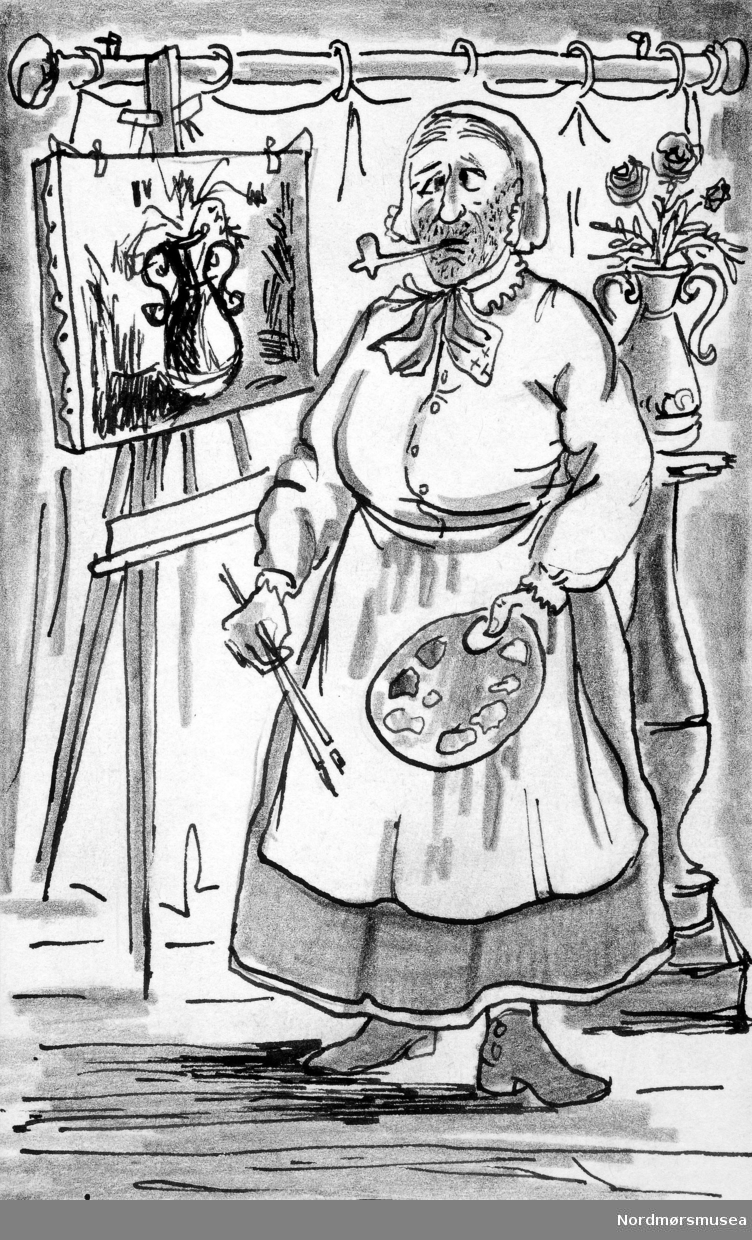 Illustrasjonstegning trolig fra Romsdalsposten, hvor vi ser en piperøykende kvinnelig kunstmaler i aksjon. Ukjent tegner og datering. Fra Nordmøre Museums fotosamlinger. EFR2015
