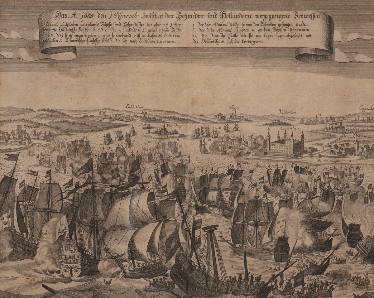 Slaget vid Öresund 1658 med de svenska respektive holländska fartygen utmärkta.