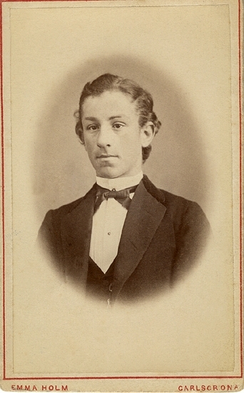 Porträtt (bröstbild, halvprofil) av en okänd ung man i mörk kavaj med sammetskrage och väst, vit skjorta  med stärkkrage och mörk fluga/spännhalsduk av siden (?).
