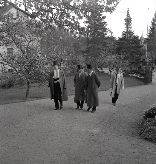 Doktorinnan Tegner, 19/5 1945. Bröllopsgäster på väg uppför en bred trädgårdsgång. I bakgrunden skymtar ett bostadshus.