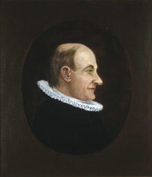 Portrett av eidsvollsmann og prest Georg B. Jersin  Mann med tynt hår, høy panne, profil, lang nese, prestekledd, innskrevet i oval.