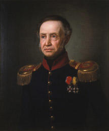 Portrett av Henrik Sibbern. Uniform, ingeniøroberstløytnantsuniform, blå kjol m/rød krave, epåletter, to ordener.