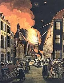 Maleri som viser engelskmennenes bombing av København i 1807. Det er natt, folk flykter i gatene, en bombe slår ned i et tårn som ser ut som et kirketårn og forårsaker store flammer. På himmelen ser vi linjer etter flere bomber.