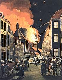 Maleri som viser engelskmennenes bombing av København i 1807. Det er natt, folk flykter i gatene, en bombe slår ned i et tårn som ser ut som et kirketårn og forårsaker store flammer. På himmelen ser vi linjer etter flere bomber.