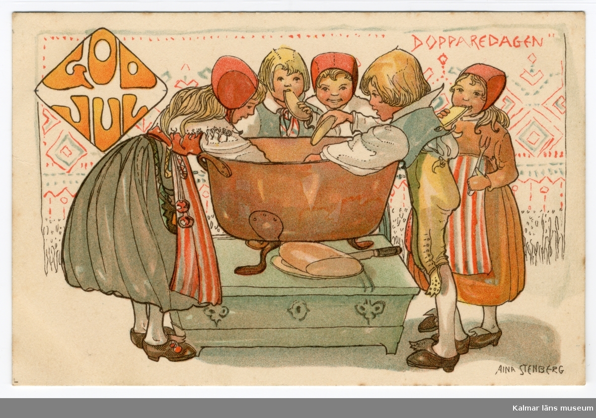Tre flickor och två pojkar iklädda folkdräkter står runt en stor koppargryta och doppar bröd. Uppe till höger står Dopparedagen med röda bokstäver.