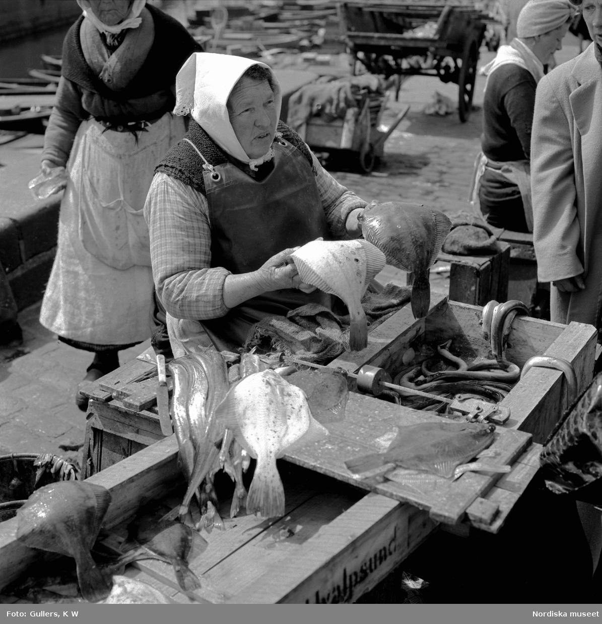 Torghandel, Stockholm. Äldre kvinna med huckle på huvudet säljer fisk.
