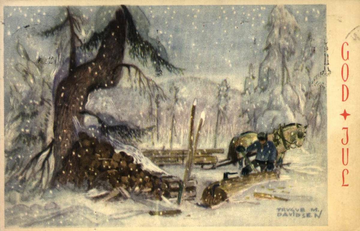 Julekort.  Jule- og nyttårshilsen. Vintermotiv. Skog. Mann driver tømmerkjøring med hest. Illustrert av Trygve M. Davidsen (1895-1978). Stemplet 19.12.1945.