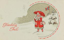 Julekort. Jule-og nyttårshilsen. Dame med gaver og paraply. 