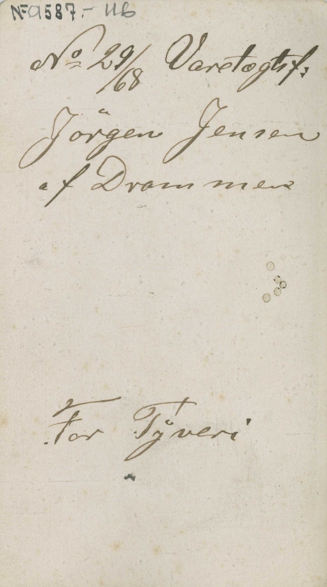 Fangeportrett. Jørgen Jensen, Drammen, arrestert i 1868, innsatt i distriktsfengslet i Hokksund for tyveri.