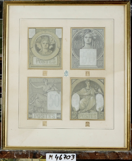 Fyra teckningar med antika motiv, inramade under samma
glas. Under varje större bild sitter en frimärksstor kopia av den större
bilden.