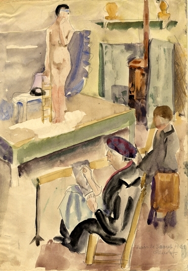 Blyertsteckning/akvarell på papper.
Motiv från en konstnärsateljé. En nakenmodell står på ett grönt
bord och blir avtecknad av två herrar.