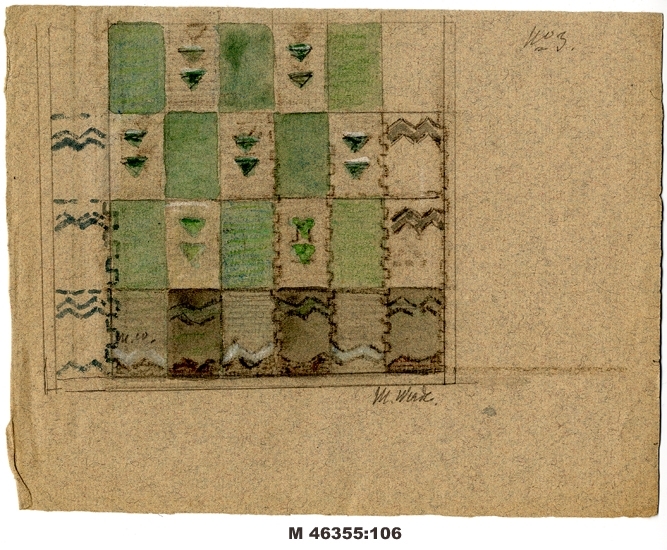 Akvarell på gråbrunt papper.
"No 3" . 
Förslag till (röllakans- ?) matta med rutmönster i grönt, vitt och svart.

Inskrivet i huvudbok 1983.
Montering/Ram: Ej ramad