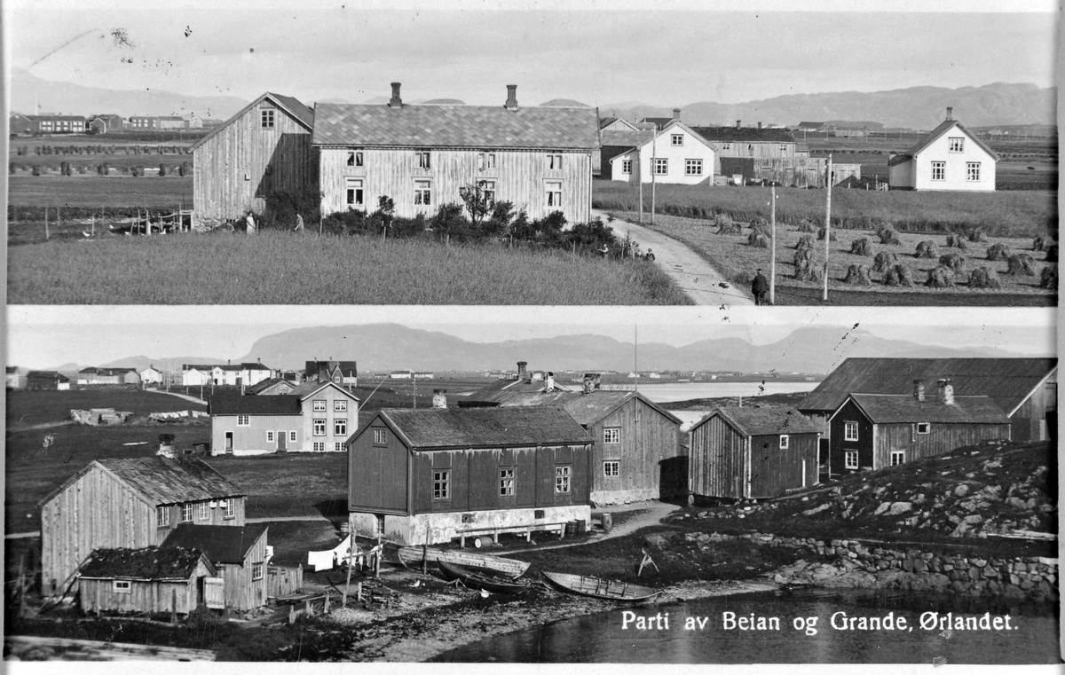 Todelt postkort med partier av Beian og Grande, Ørlandet.