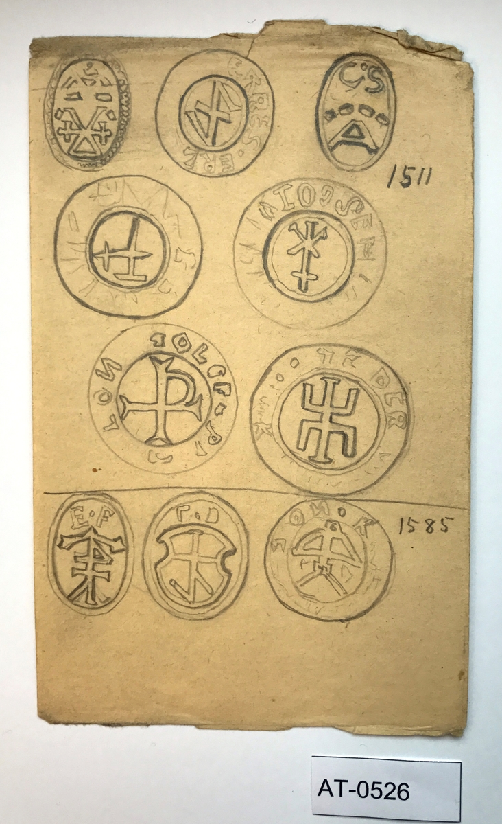 Studie av segl (signet-avtrykk) med bumerker fra 1500- og 1600 talet [Tegning]