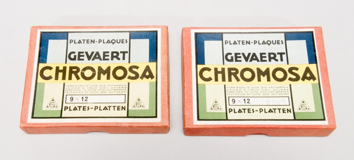 Två förpackningar för glasplåt i format 9x12. Har innehållit plåtar av Gevaerts typ "Chromosa".

Förpackningarna märkta: "Andrée-kameran" respektive "Andrée negativ till skioptikon, dupletter".