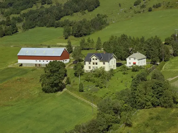 Fougner nordre. Gårdsbruk. To hvite bygninger, rød stor drif