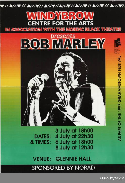 Plakat for forestillingen Bob Marley...Oslo byarkiv har ikke rettigheter til denne plakaten. Ved bruk/bestilling ta kontakt med Nordic Black Theatre (post@nordicblacktheatre.no)