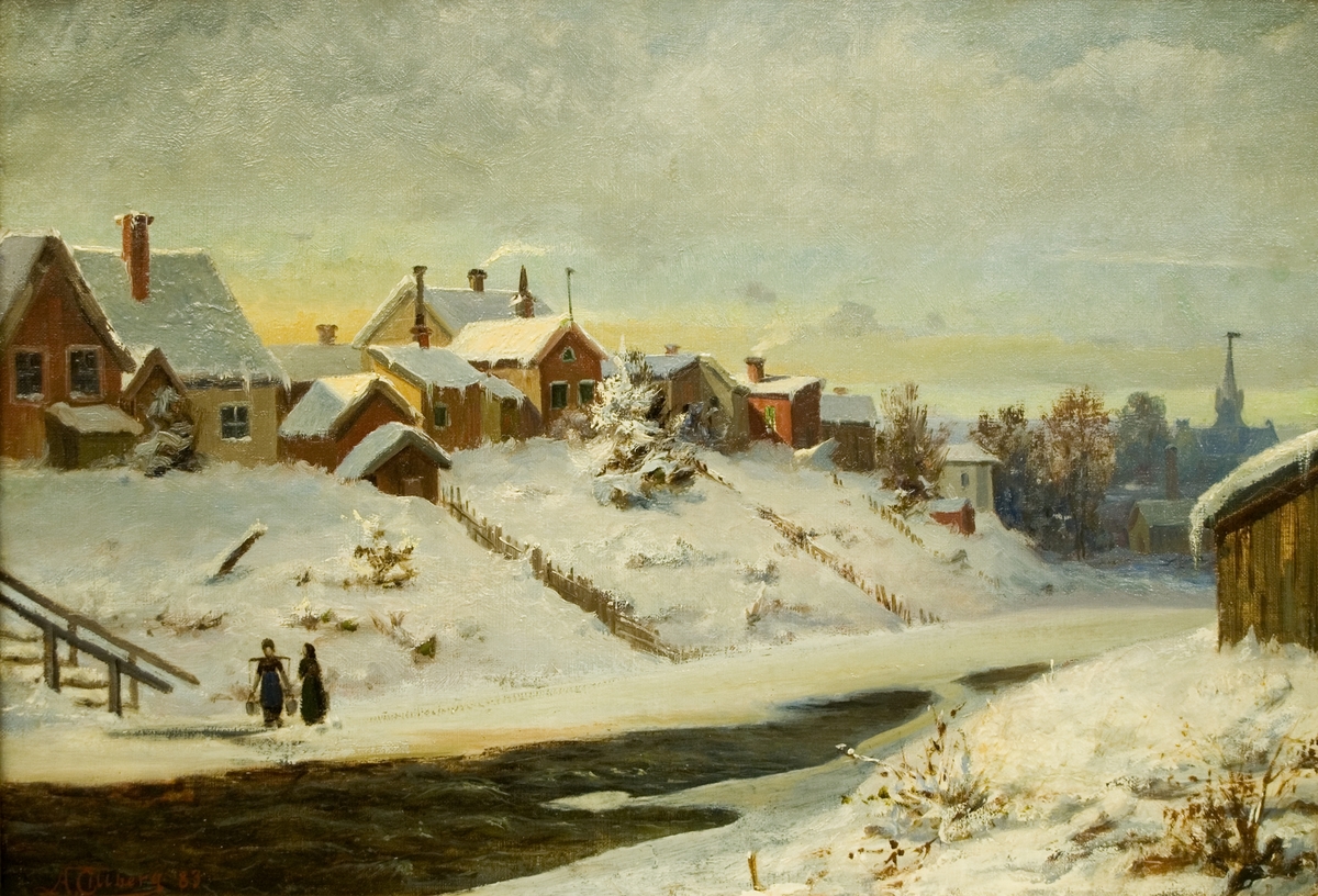 Oljemålning på duk av Johan August Tillberg: "Gavleån väster om Gammelbron", 1883. Vinterlandskap, i förgrunden till vänster två vattenhämtande kvinnor.