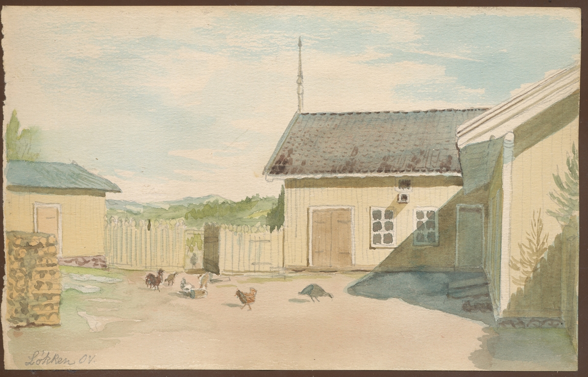 Løkken, gårdstun med høner (akvarell)