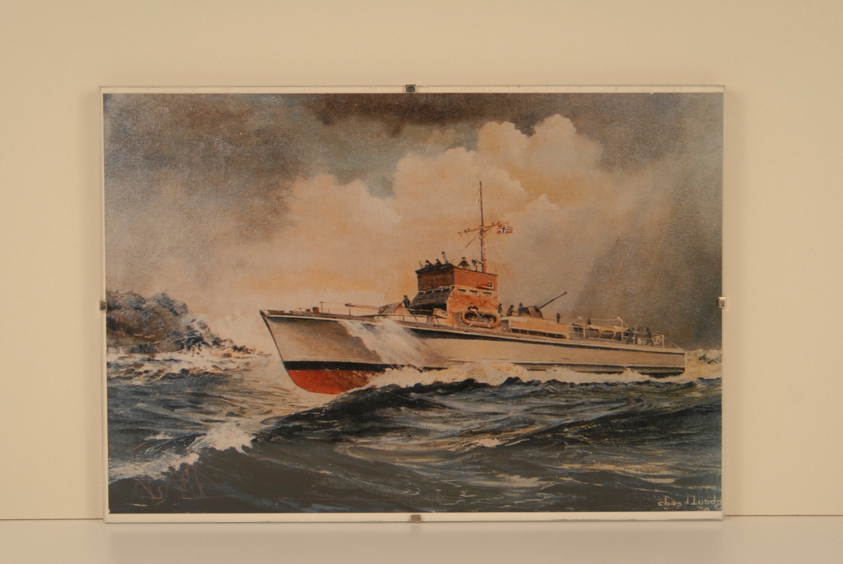 Kopi av måleri av ein av ubåtjagaren Hessa, Hitra eller Vigra som opererte mellom Norge og Storbritania mellom 1943 og 1945.