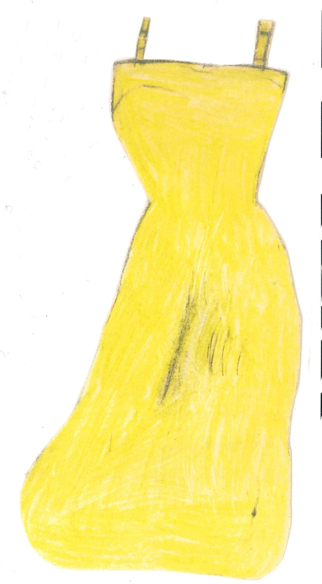 Klippdockskläder, en klänning i gult. Klänningen är hemmagjord.

Tillhör klippdockan i papp (VM29165:01).