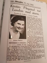 Avisartikkel om Kirsten Flagstads opptreden i Covent Garden i London. Datert 19. mai, 1936. Overskriften lyder "Kirsten Flagstad tar London med storm".