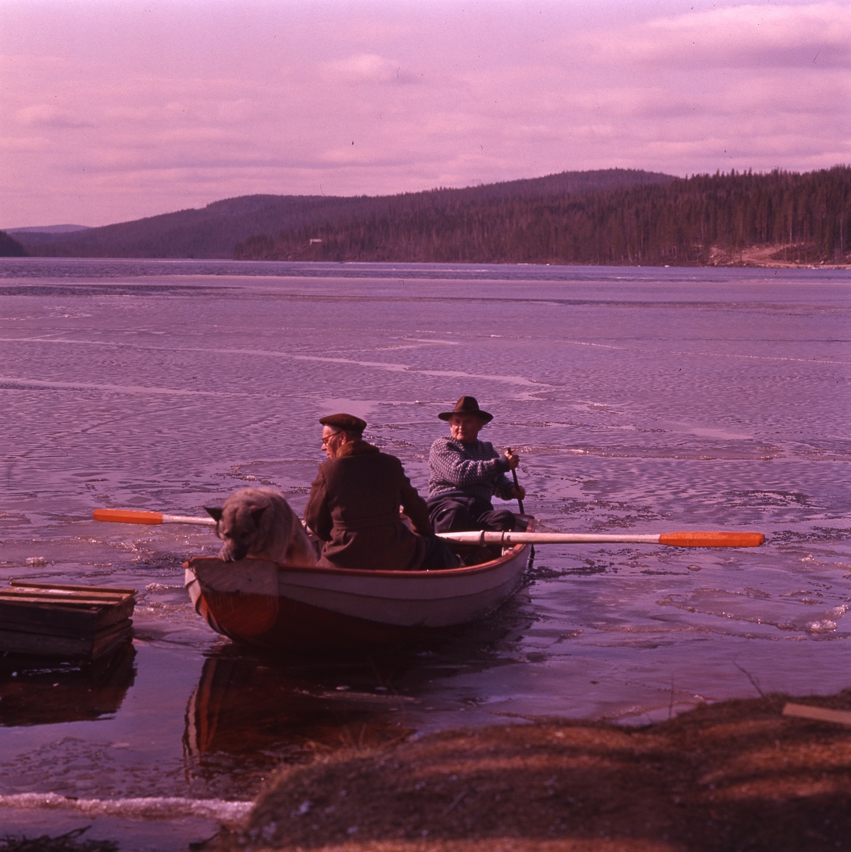 I en eka vid stranden av Ängratörn sitter två män. I aktern sitter Albert Viksten, medan en annan man sitter och ror. I fören står en hund och tittar ner i vattnet. Det är issörja på vattnet.