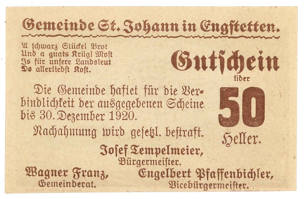 Nödsedel från Österrike 
År: 1920
Valör: 50 Heller
Serie: St. Johann in Engstetten

Ingår i en samling med sedlar och nödsedlar från Österike.