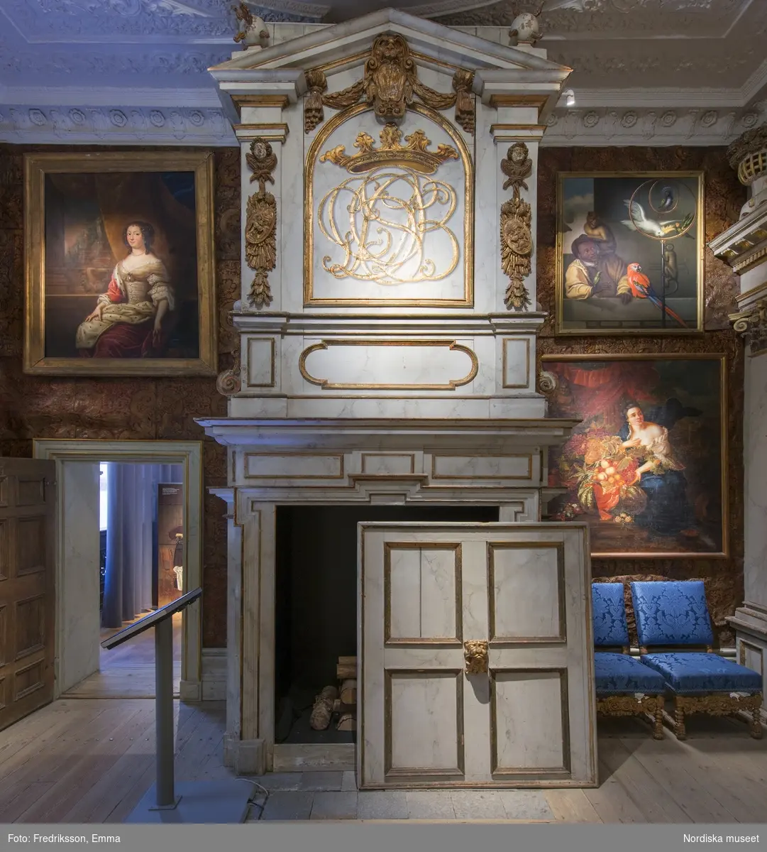 Utställningsdokumentation, Nordiska museet. Paradsängkammaren från Ulvsunda slott utanför Stockholm, 1670-talet.