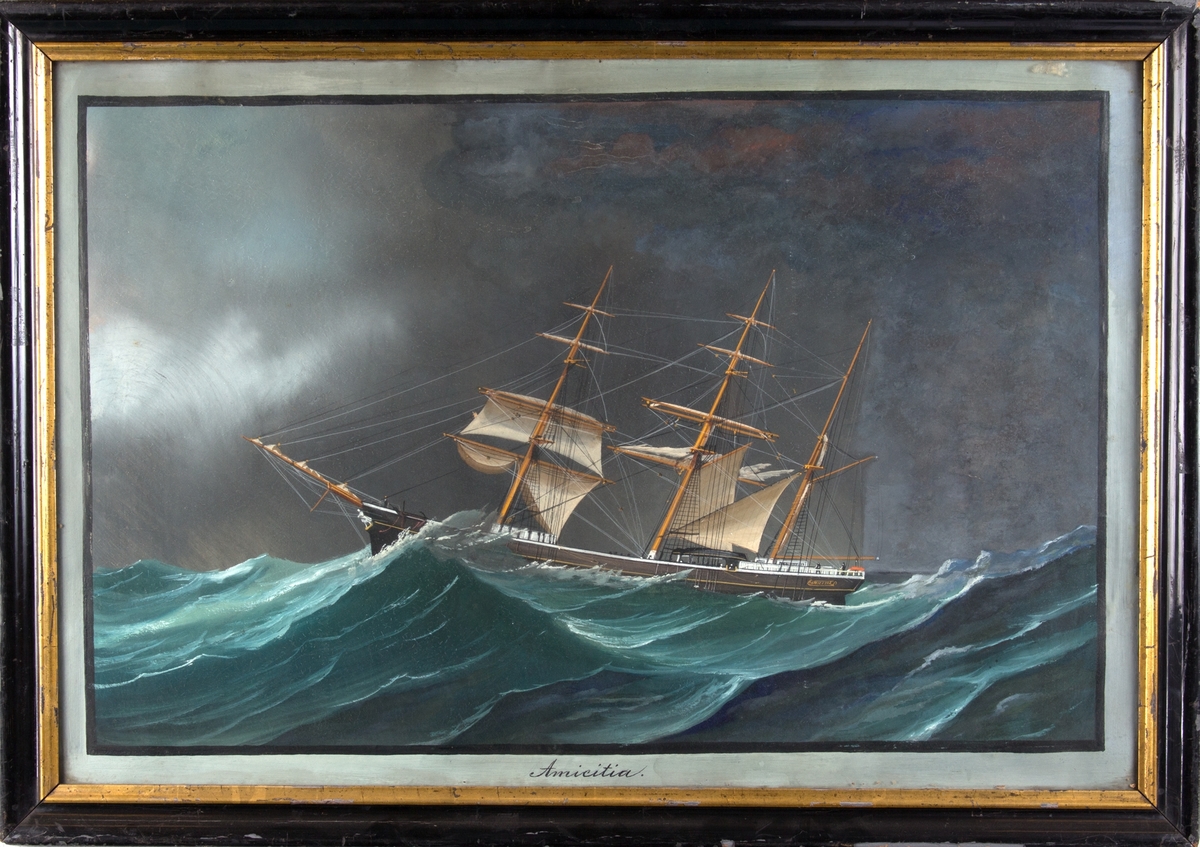 Skipsportrett av bark AMICITIA i en orkan i Hamburgerbukta i 1877på reise fra Baltimore til Altona.Høy sjø og ødelagte seil.