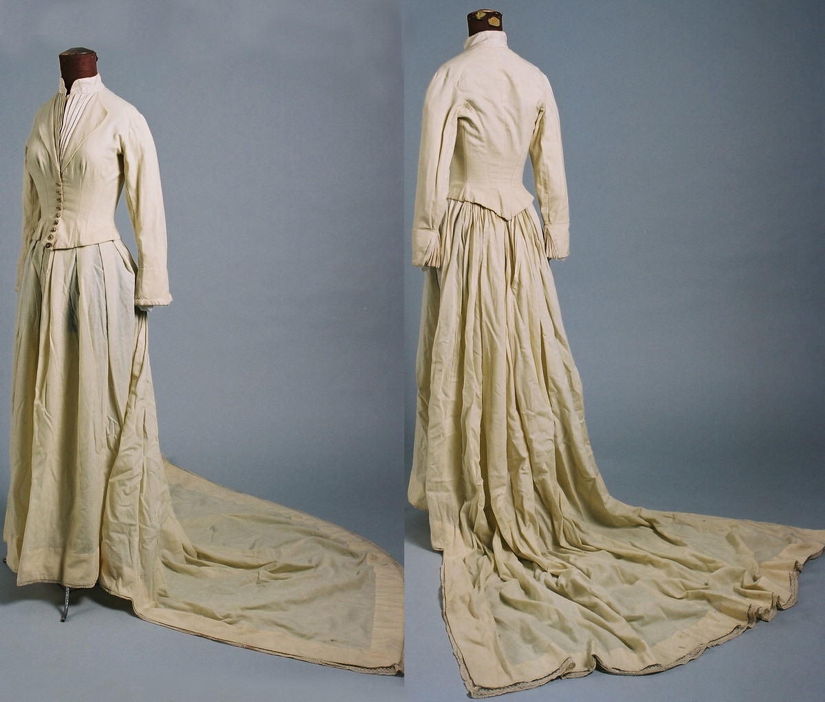 Form: Todelt kjole med tettsittende liv, lange ermer med mansjetter og utskrådd skjørt med slep
