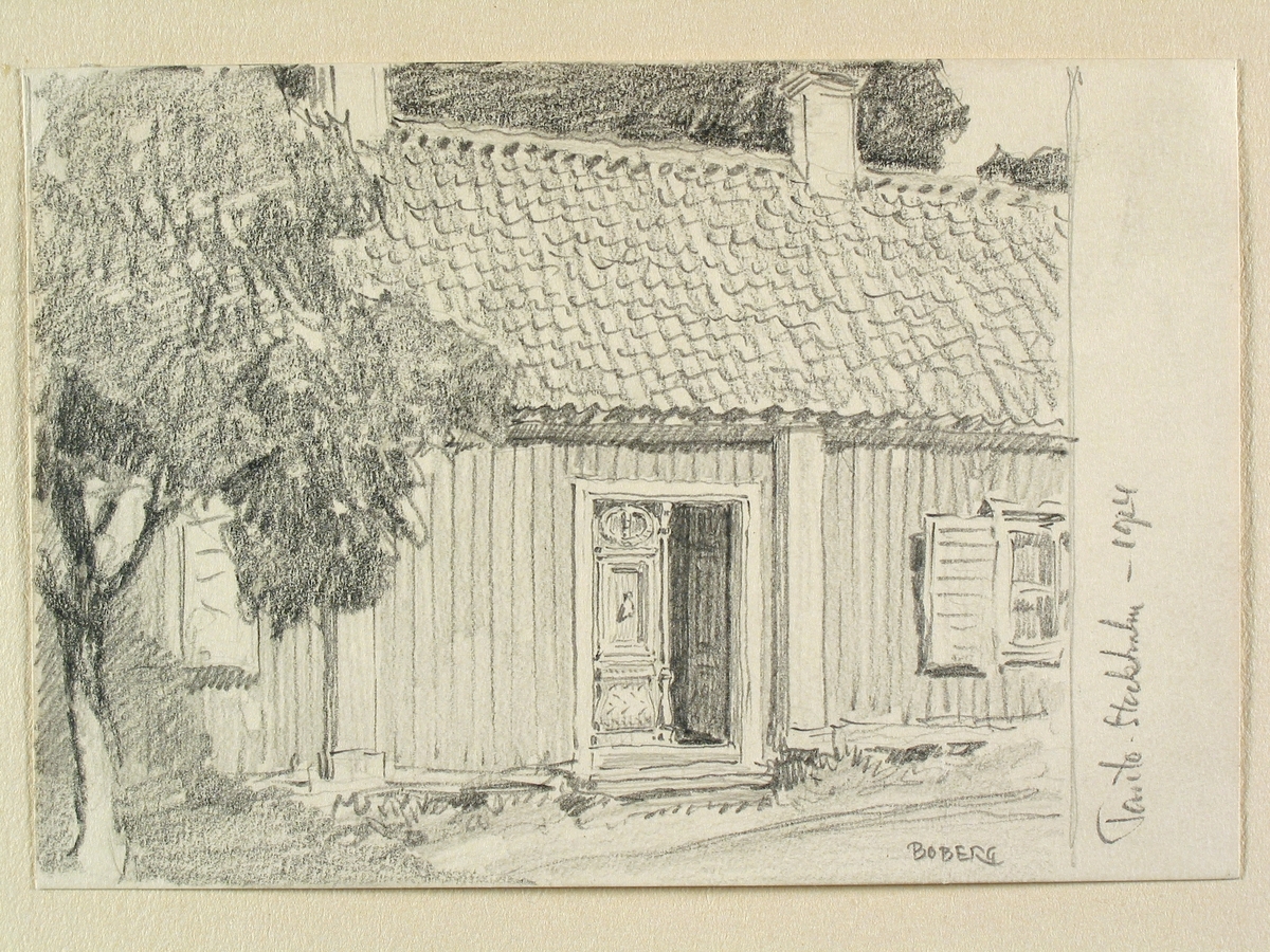 "Tanto Stockholm, 1924" Södermalm,bostadshus medfönsterluckor och öppen ytterdörr. Teckning av Ferdinand Boberg.