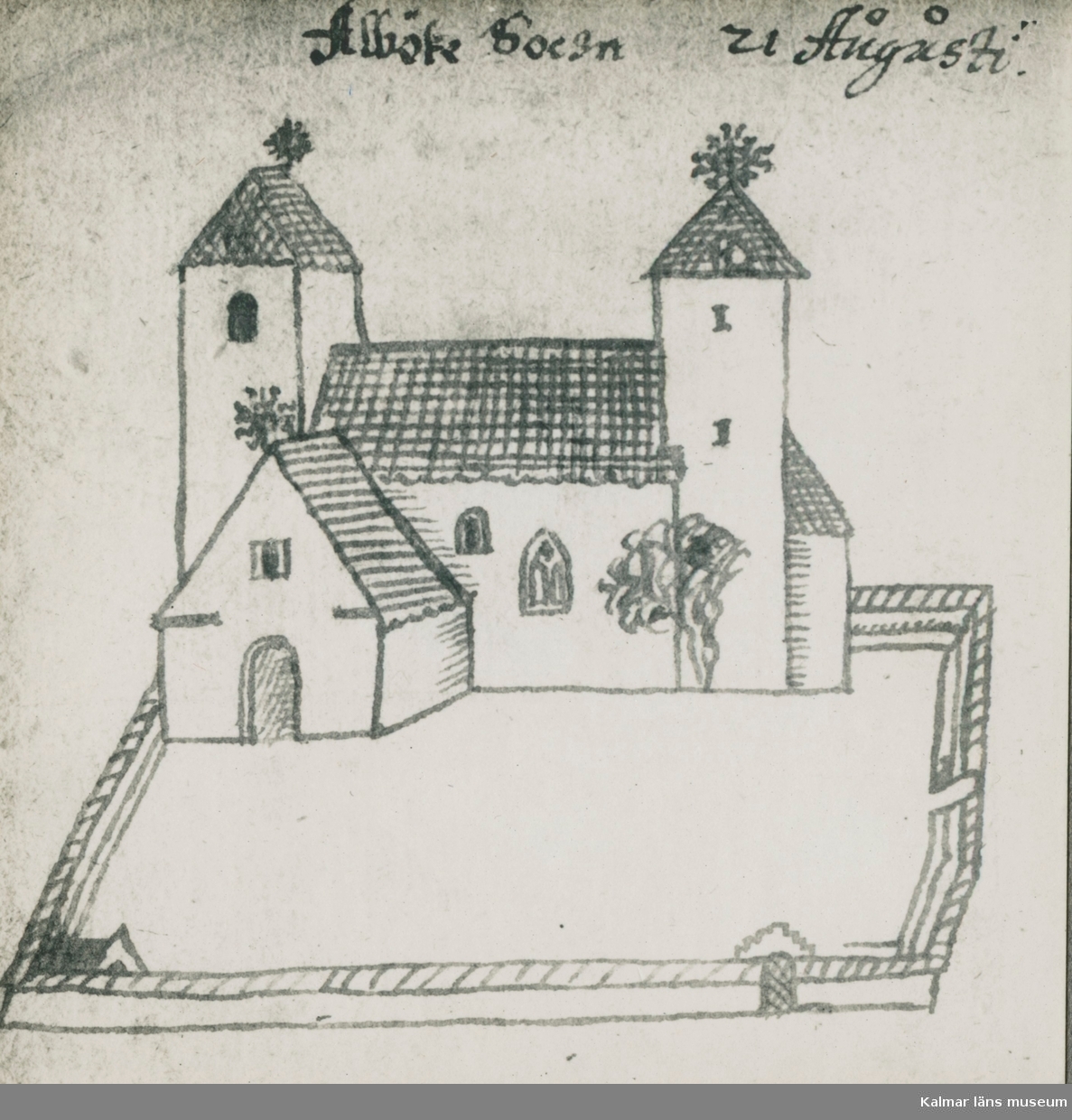 Alböke kyrka. Petrus Törnewall teckning efter Johannes Haquini Rhezelius.
Troligen tecknad 1673.
