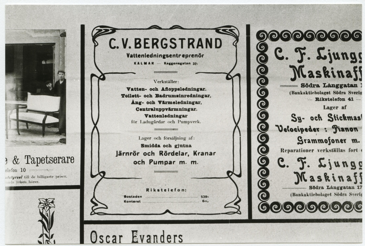 C. V. Bergstrand, Vattenledningsentrepenör, Kaggensgatan 37. Detalj av annonstavla, daterad 1908.