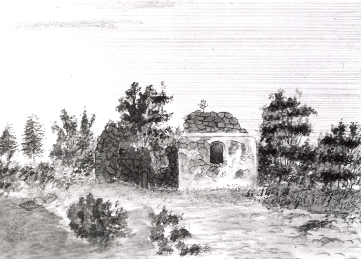 Ruinen efter Ukna gamla kyrka. Akvarell av Eric Ihrfors omkring 1880.