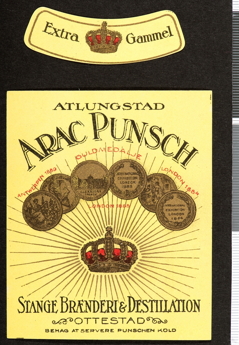 Spritetikett. Extra Gammel Atlungstad Arac Punsch, Stange Brænderi & Destillation. Ottestad, Stange. En mindre variant av dig-039284.