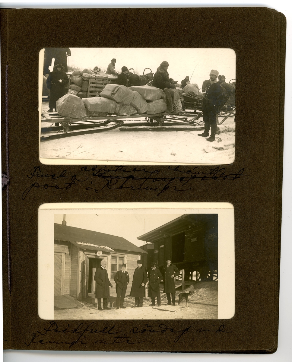 Fotoalbum med fotografier och vykort som avbildar posthantering i Karungi, Haparanda och Gävle under första världskriget.

Handskrivna kommentarer av Konrad Nikanor Jonsson, som tidigare ägare av albumet.