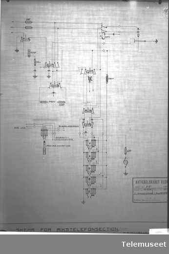 Tegning av telefonsentral, skjema for rikstelefonseksjonen, Stavanger sept 1914. Elektrisk Bureau.